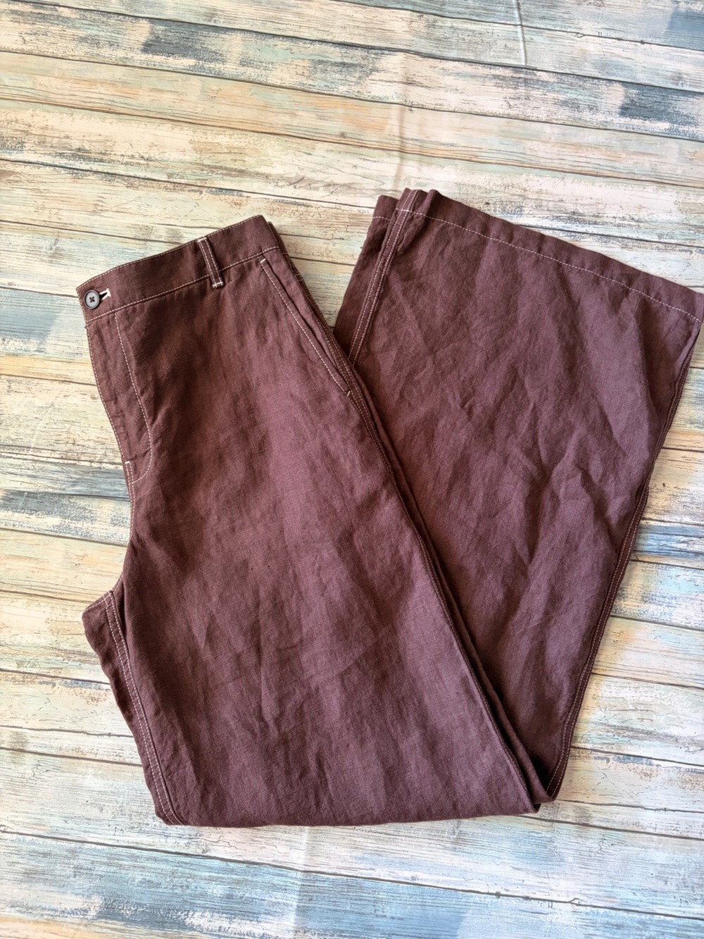 Madewell Zoe Floppy Wide-Leg Linen Pants in Dark Brown/White Stitching Size 6 - Picture 11 of 11